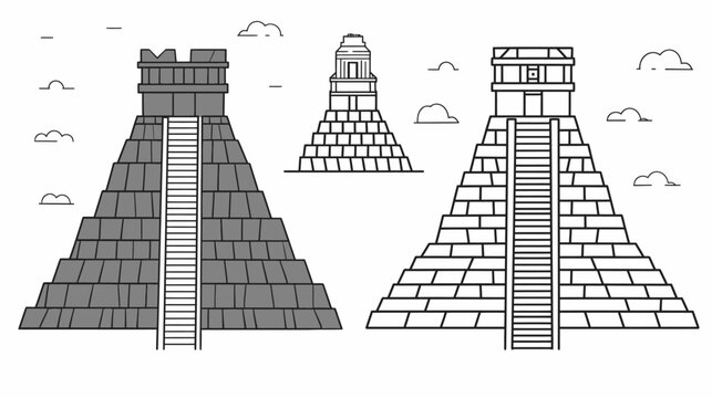 Outlined pyramids with stairs and flat clouds, in grayscale and monochrome artwork