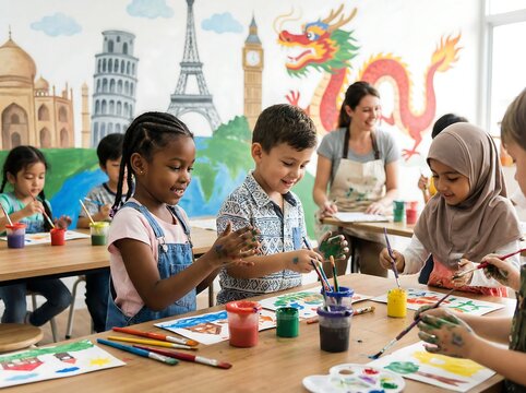 Creative art class for diverse group of happy elementary school children with their teacher, painting colourful pictures on a bright mural background