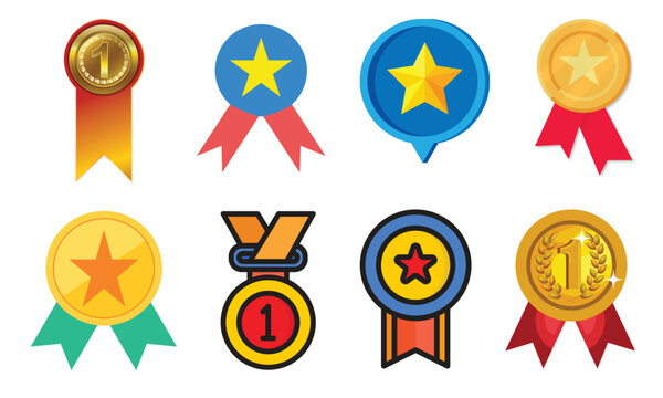Collection of eight distinct award medals and ribbons including gold silver and bronze for competition and achievement symbols representing victory and success