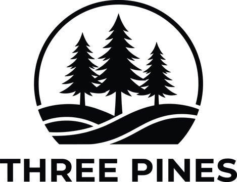 Minimalist black and white vector logo featuring three pine trees on rolling hills inside a circular frame, named Three Pines.