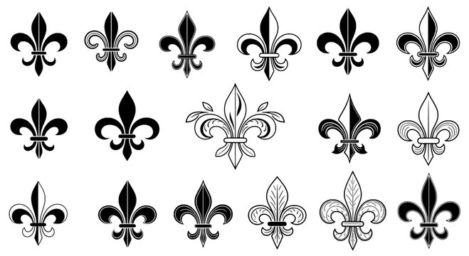Fleur de lis symbol set with black and white heraldic designs, ornate floral motifs, and elegant stylized illustrations.