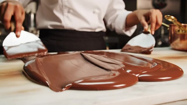 Chef spreads melted chocolate on a surface with a spatula