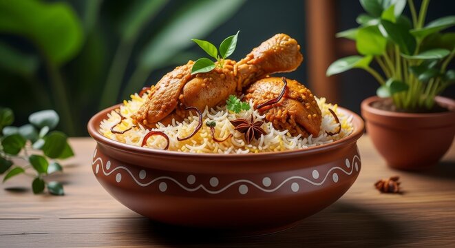 Authentic Chicken Biryani in Traditional Clay Bowl with Herbs
