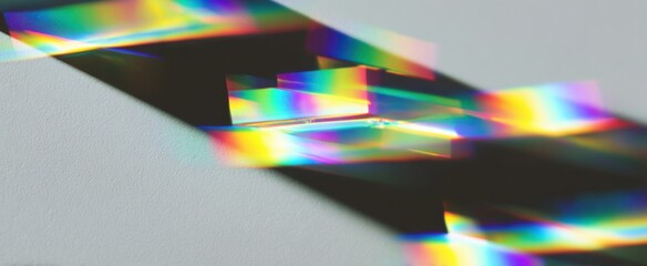 Obraz premium Radiant patches of refracted sunlight create a stunning spectrum reflection prism effect on white surface.