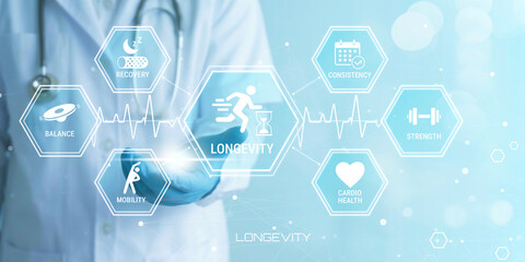 Doctor showcasing digital interface of health and wellness icons representing longevity balance...
