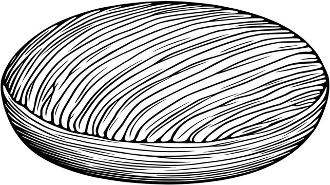 Black and white illustration of an oval object with detailed parallel lines, textured