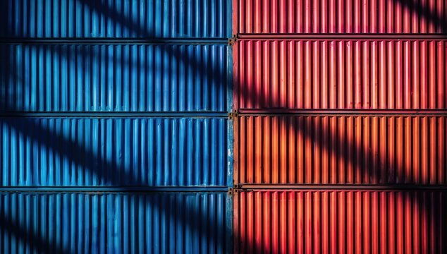 Two stacked shipping containers, one blue and one red, with shadows creating diagonal patterns on their corrugated metal surfaces.