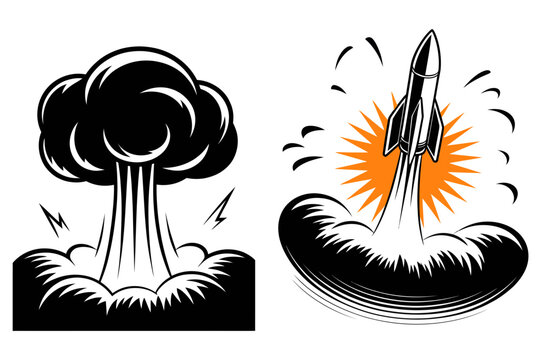 A vector graphic illustration of explosion and rocket launch icons in black and orange