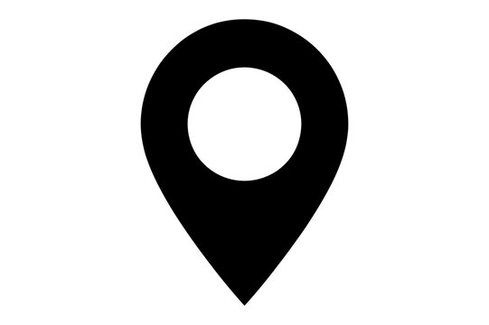 A simple black map pin icon with a circular hole