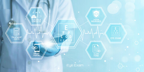 Doctor wearing a lab coat displays a digital interface showing icons related to eye care services and vision health including eye exams and insurance © KHAN VECTOR CO. 