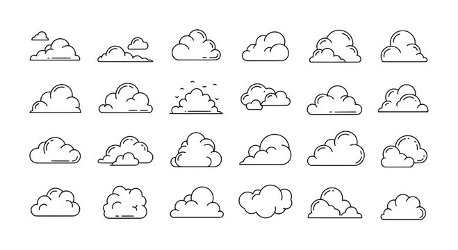 Clouds line drawn set with black outlines and various puffy shapes and sizes. featuring cloud illustrations, weather icons, cloud graphics with cloud