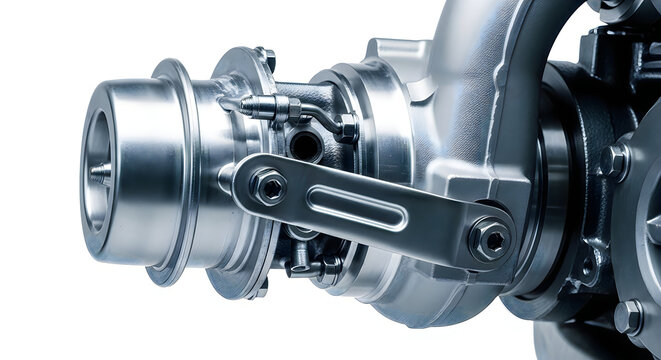 Turbocharger actuator and plumbing detail on white background - automotive engine part with turbocharger with actuator with plumbing