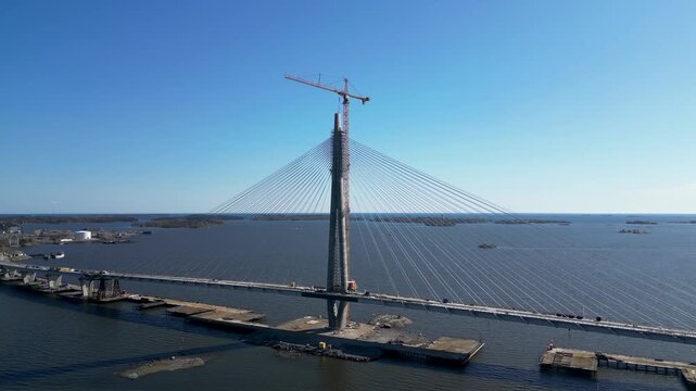 Ariel vieww of Kruunuvuorensilta bridge, new long bridge in Helsinki, Finland.