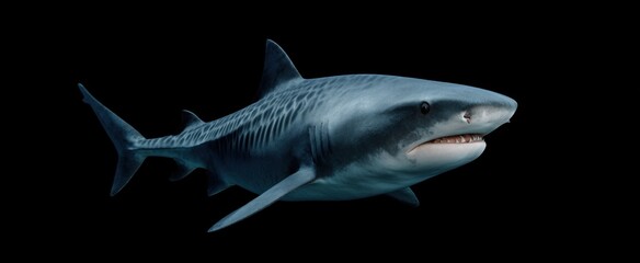 Obraz premium Isolated Tiger Shark glides powerfully showcasing its fierce teeth and strength.
