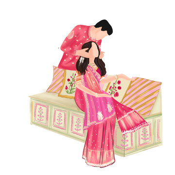 Indian haldi ceremony couple illustration sitting on decorated bench, bride and groom in traditional attire with floral elements, festive pre wedding artwork for invitation design PNG with transparent