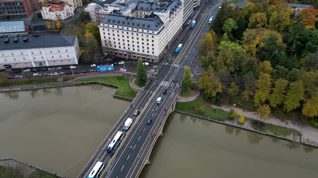 Aerial view of Hakaniemi Bridge in autumn, Helsinki, Finland.