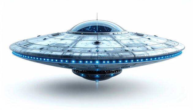 A gleaming, metallic disc-shaped craft, with a transparent dome, emitting a soft blue glow, and detailed with rivets