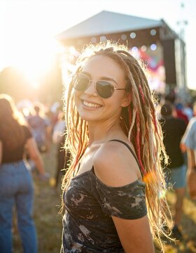 woman with dreadlocks at a music festival in summer time 