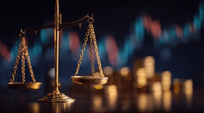 A gold balance scale sits prominently in the foreground, with a blurred backdrop of financial charts and coins. Dark ambiance