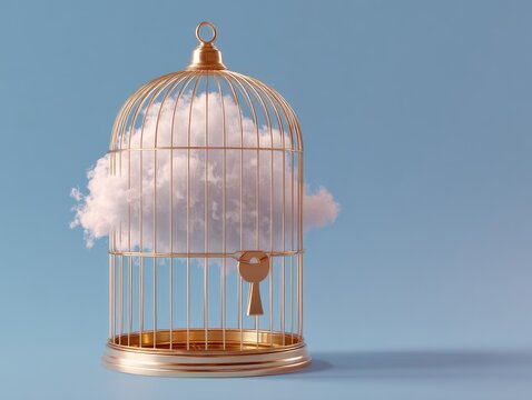 A gold birdcage encloses a fluffy white cloud against a light blue backdrop, with a key hanging inside the cage