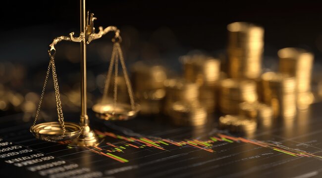 A golden balance scale sits before a blurred background of stacked coins and a financial market graph. The scene implies investment