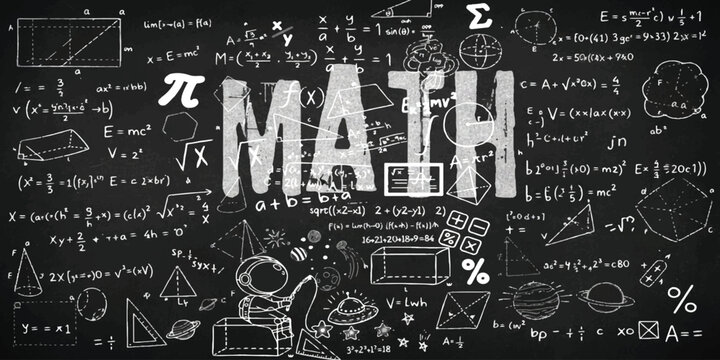 A chalkboard illustration featuring the word math surrounded by complex equations and sketches