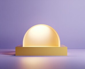 Fototapeta premium A golden, geometric display structure, featuring a square base and a semi-circular alcove with an inviting, illuminated interior