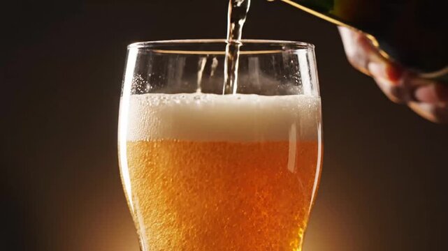 Pouring Cold Craft Beer into Glass with Thick White Foam Head