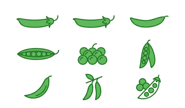 A vector graphic illustration of various green pea icons and silhouettes