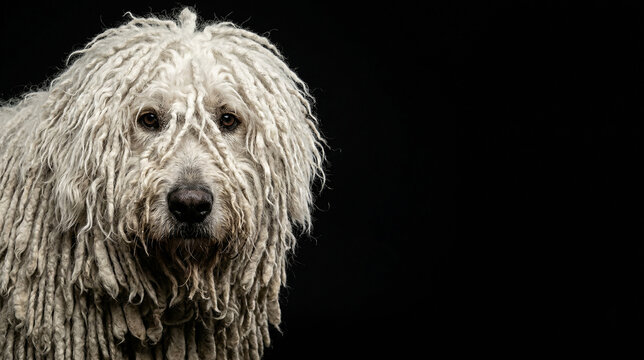 Close-up portrait of a Komondor dog with white corded dreadlock fur against a black background. Professional studio photography with copy space for text, high detail and dramatic side lighting.