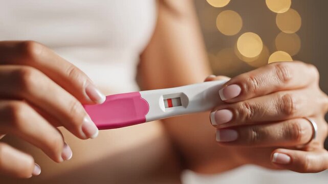 Woman holding pregnancy test with positive result for healthcare marketing, medical presentations, and commercial use