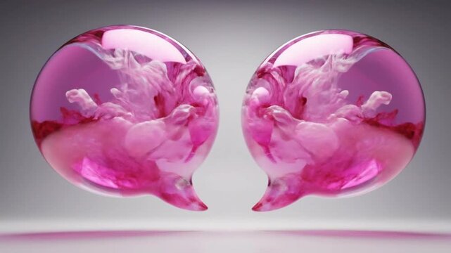 Two pink glass orbs with swirling purple and white smoke inside on gray background