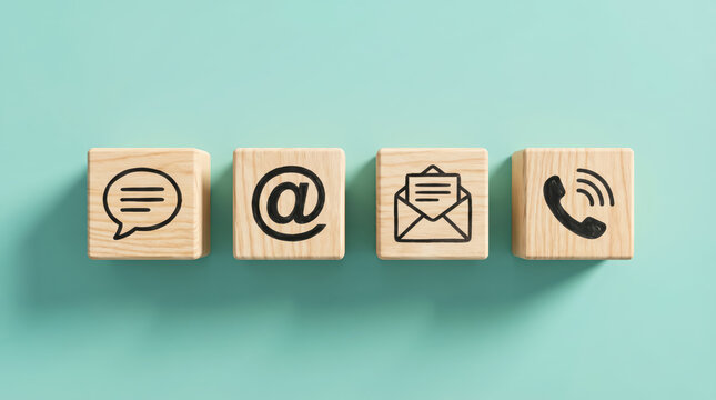 Communication icons on wooden blocks, including speech bubble, email, and phone symbols, representing contact methods