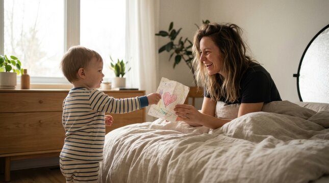 Happy toddler in striped pajamas hands a handmade heart drawing to his laughing mother in a cozy bed within a sunlit modern bedroom, Mother's Day product mockup design