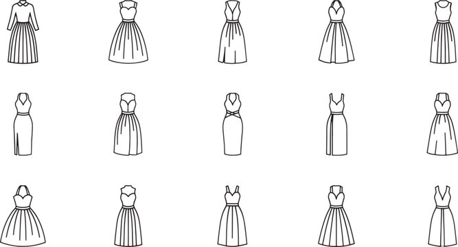 Black and white line of women wearing various dresses and skirts line women fashion