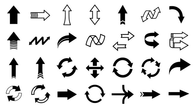 Arrows direction sign set with hand-drawn style traffic indicators, looping curves and bidirectional symbols for maps and UI