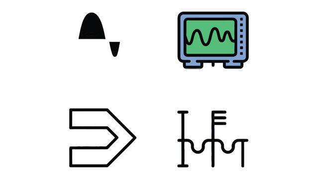Electronics Icons: A collection of concise icons showcasing essential symbols from electronics, including waveforms, oscilloscopes, and circuit diagrams, representing digital elements.