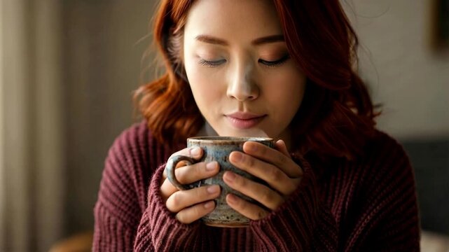 Young woman enjoying a warm cup of coffee, embracing the cozy comfort of a cool autumn day