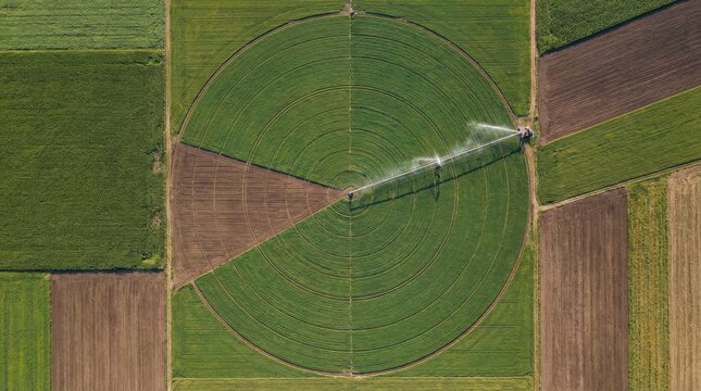 Aerial View of Circular Crop Field with Center-Pivot Irrigation System in Agricultural Landscape