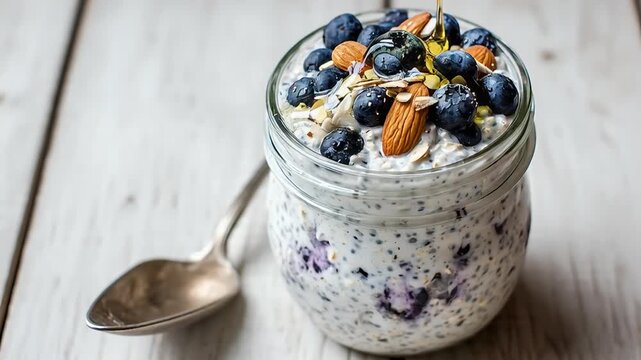 Delicious blueberry chia seed pudding in a glass jar topped with fresh blueberries sliced almonds and coconut flakes healthy breakfast concept
