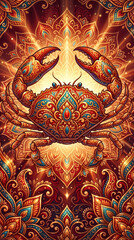 Fototapeta premium Cancer Vedic Astrology Zodiac Sign Card: Creative design with Water element crab, lunar mandalas, and Sanskrit mantras