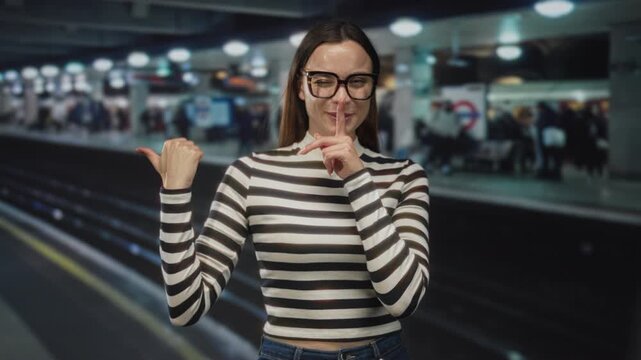 Woman with finger to lips for silence and thumb pointing back at train station building platform; playful secret.