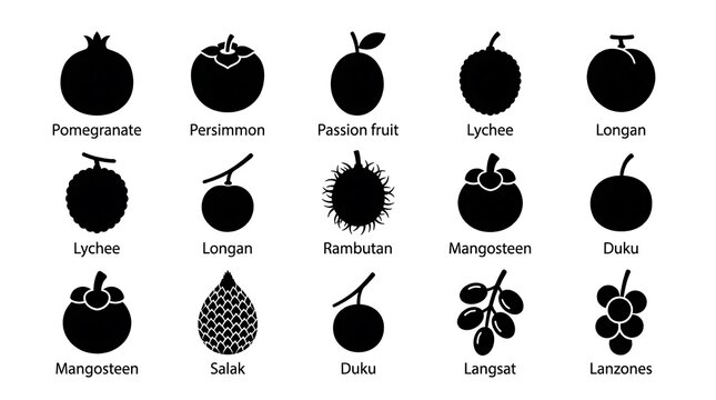 Tropical Fruit Icons Black Silhouettes.