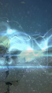 Vertical video: Blue holo overlay shifting, revealing construction worker in helmet checking plans