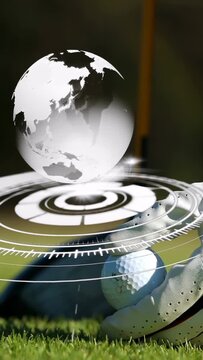 Vertical video: Golfer aligning ball on blue tee swinging club, globe HUD anchoring above for golf