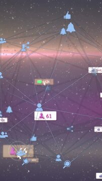 Vertical video: Social-network web showing cursor nearing node, badges pulsing and updating counts