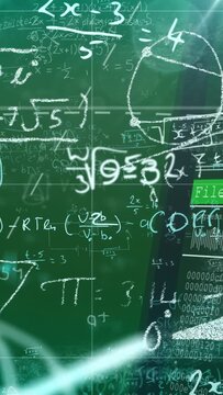 Vertical video: Camera panning starting glowing symbols sweeping board showing math code layers