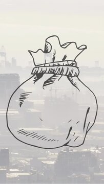 Vertical video: Curved stroke starting money bag forming &euro; sign, filling, fading, showing finance