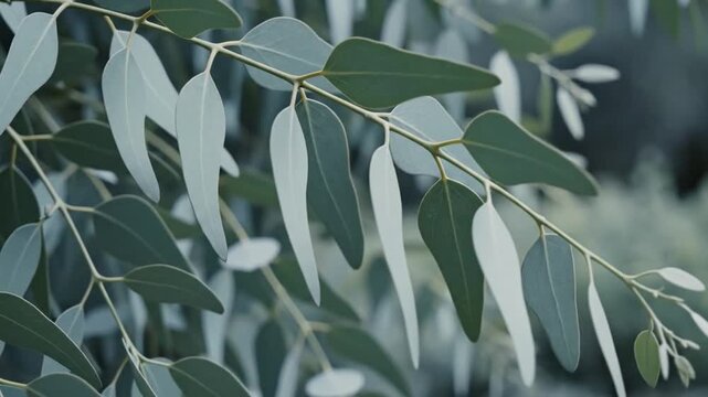Close up of silvery green eucalyptus leaves on a branch, showcasing natural botanical beauty and freshness.