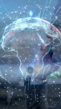 Vertical video: AR globe activating exec on phone parsing business network nodes for strategy
